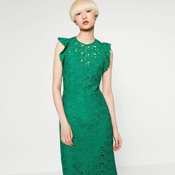 ZARA Guipure Lace Tube Midi Dress Flutter Cap Sleeves // size medium - Picture 10 of 11